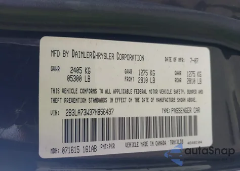 2007 Dodge Charger Srt8 из США, поврежденный, VIN 2B3LA73W37H856497